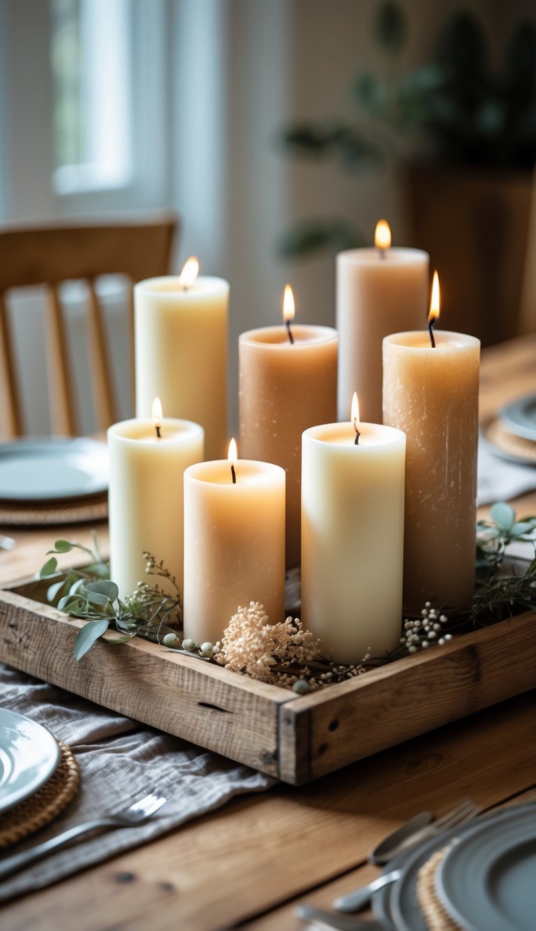 Cluster of scented pillar candles on a wooden tray placed on a wooden dining table as a centerpiece.